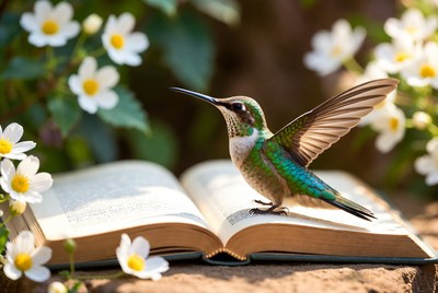 Hummingbird on an open book