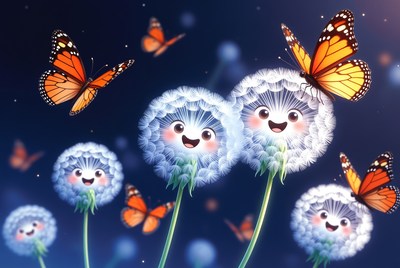 Dandelions and butterflies in spring