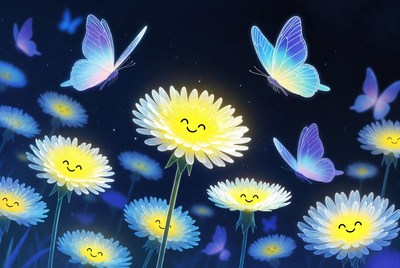 Bright flowers and butterflies at night