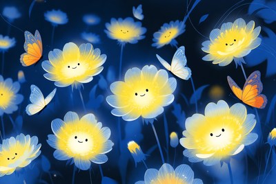 Cute Glowing Flowers with Butterflies
