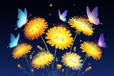 Flowers and butterflies in night sky