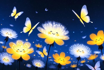 Bright flowers and butterflies at night