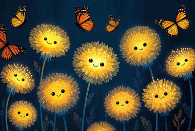 Happy flowers with butterflies in garden