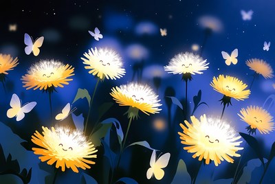 Bright flowers and butterflies at night