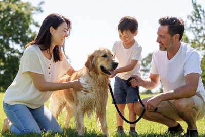 Family enjoys time with dog in park