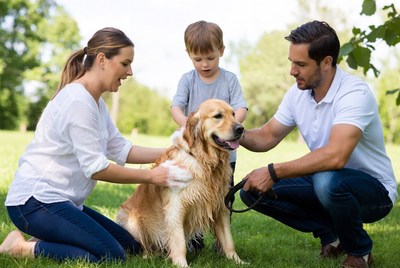 Family enjoys time with dog in park