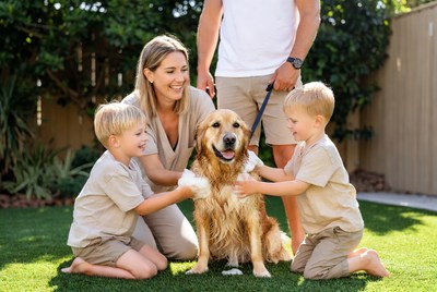 Family washes dog in backyard during afternoon