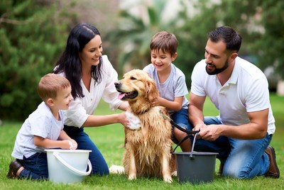 Family enjoys washing dog at home