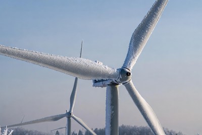 Wind turbines covered in frost in winter