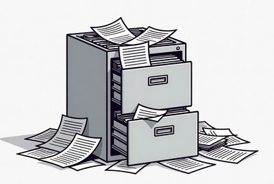 Office filing cabinet with papers everywhere