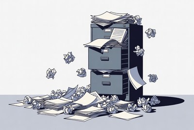 Closed file cabinet with paper mess