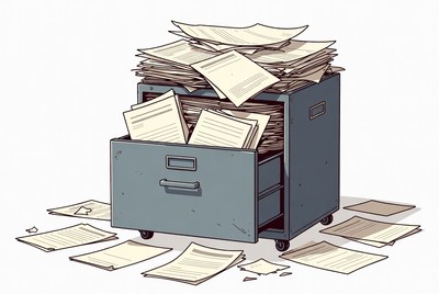 Messy filing cabinet with papers scattered
