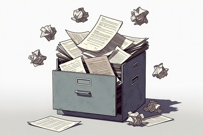 Papers and crumpled balls in box