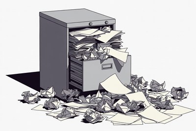 Papers overflowing from a filing cabinet
