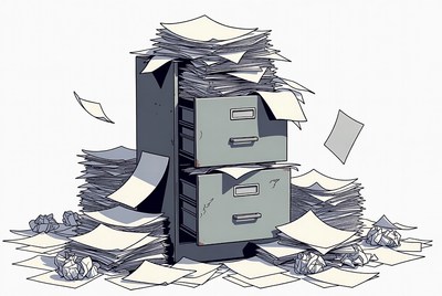 Office clutter from filing cabinet mess
