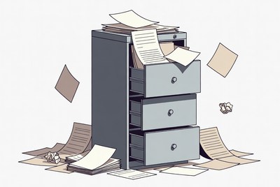 Messy office drawer with scattered papers