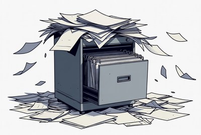 Papers piled high in office