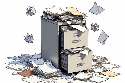 Messy office cabinet with papers everywhere