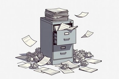 Papers scattered around filing cabinet