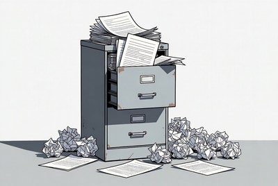 Messy file cabinet with papers everywhere