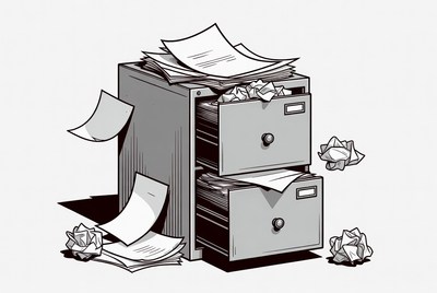Papers are scattered around a filing cabinet