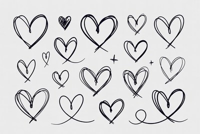 Collection of heart sketches on paper