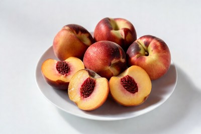 Fresh peaches arranged on white plate