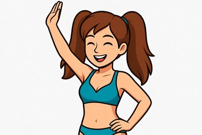Girl waving happily in swimwear