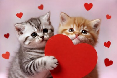 Two kittens hold red heart