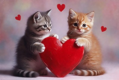Kittens holding red heart together