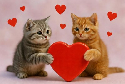 Two kittens hold red heart
