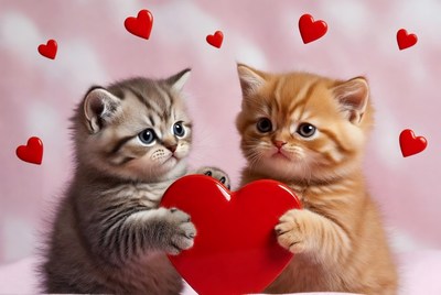 Cute kittens share a heart