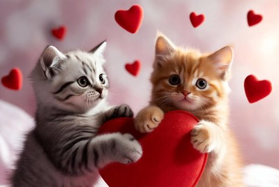 Kittens playing with heart shape