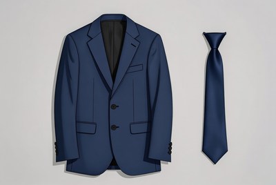 Navy suit and tie displayed flat