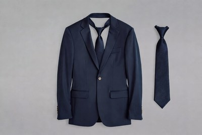 Suit with tie on gray surface