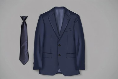 Navy suit and tie on gray background