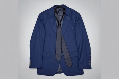 Navy suit with gray tie displayed flat