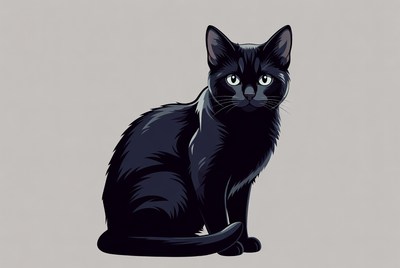 Black cat sitting on gray background