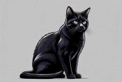 Black cat sitting gracefully on gray background