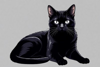 Black cat sitting on gray background