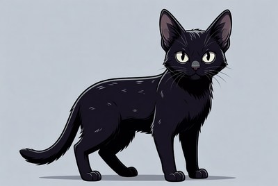 Cartoon black cat stands upright