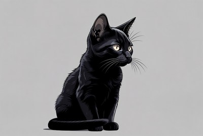 Black cat sitting on gray background