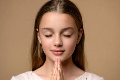 Girl in prayer with closed eyes