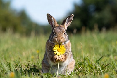 Rabbit holds flower in grass