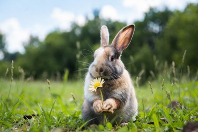 Rabbit holding a flower in grass