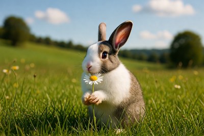 Rabbit holding a flower in a field