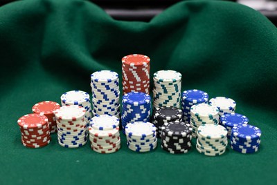 Colorful poker chips stacked for play