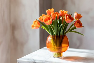 Bright orange tulips in glass vase