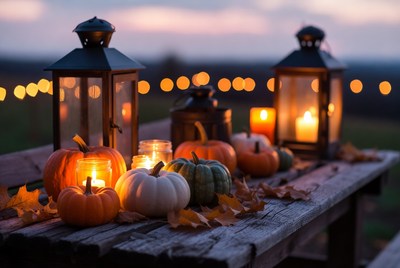 Candles and pumpkins on wooden table at dusk