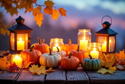 Autumn pumpkins and candles at sunset